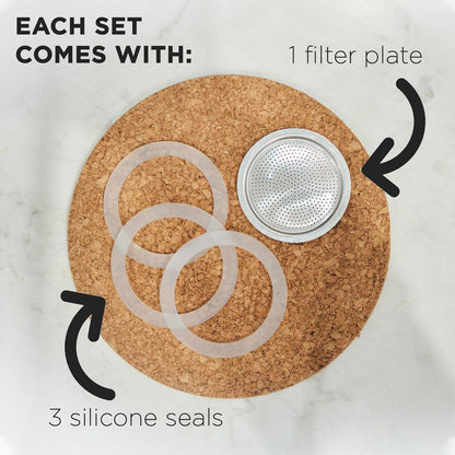 GROSCHE Milano Stovetop Espresso Maker Replacement - 9 Espresso Cup Size Silicone Gasket Seals (3 Seals) & 1 Replacement Filter Screen Kit for Moka Pots