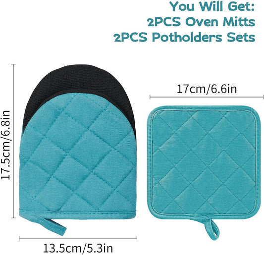 Oven Mitts and Pot Holders Set, Pack of 4, Heat Resistant Silicone Kitchen Mini Oven Mittens for 500 Degrees, Mini Oven Gloves and Hot Pads for Baking Grilling Barbecue Microwave Machine Washable