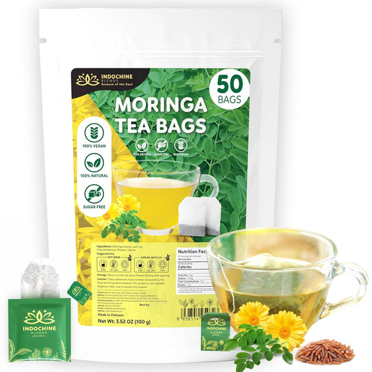 Indochine Blends, 50 Tea Bags, Hibiscus Tea Bags for High Blood Pressure, Herbal Tea Bags, Caffeine-Free, No Sugar, Vegan, Supports Heart Health and Relaxation, Loose Hibiscus Flowers, All Natural Hibiscus Flowers Ingredients (50 Tea Bags, Moringa Tea)