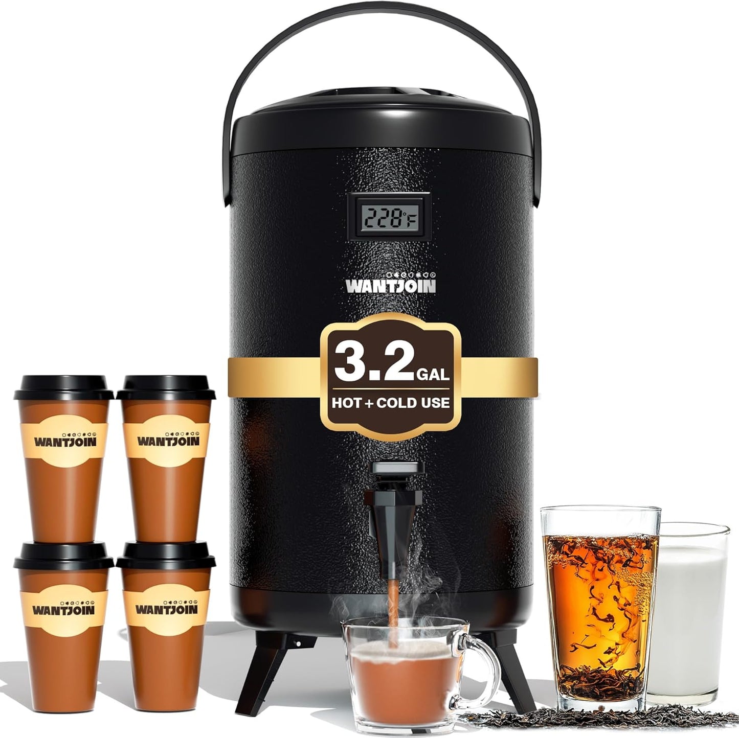 WantJoin Insulated Beverage Dispenser - Thermal 12L/3.2Gal Stainless Steel Hot & Cold Drink Dispenser with Spigot for Tea, Coffee, Milk, Water & Juice (Black)