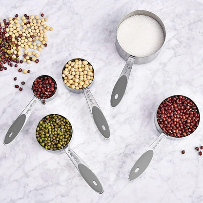 Measuring Cups & Spoons Set of 16, Wildone Stainless Steel Measuring Cups and Measuring Spoons with Gray Silicone Handle, Including 8 Nesting Cups, 8 Spoons, for Dry and Liquid Ingredient