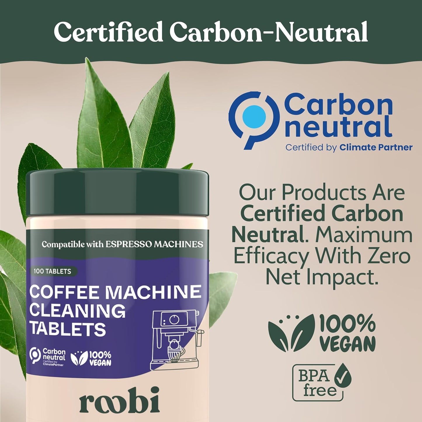 Roobi Espresso Machine Cleaning Tablets. Coffee Machine Cleaner Tabs. 100 Count Carbon Neutral Espresso Clean Pack.