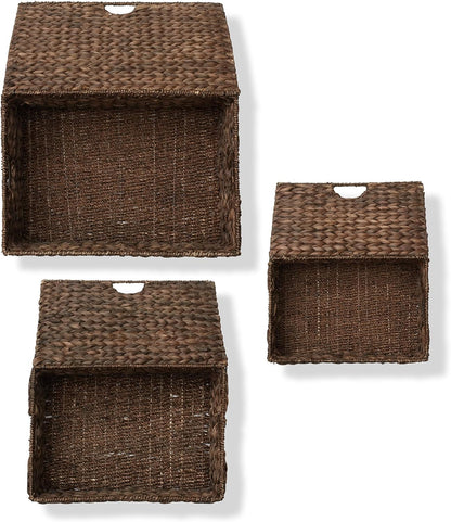 Casafield Set of 3 Water Hyacinth Rectangular Storage Baskets with Lids (Espresso - Small/Medium/Large) for Bedroom, Bathroom, Laundry, Home Office