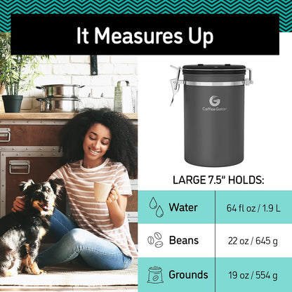 Coffee Gator Coffee Canister - 22oz, Airtight Stainless Steel Kitchen Food Storage Container with Date Tracker, Scoop for Grounds Coffee Bar Accessories, Beans, Tea, Sugar, Flour, Cereal - Silver