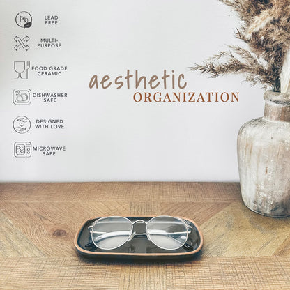 Mora Ceramic Decorative Tray - Rectangle 6.4in Dish for Jewelry, Perfume, Makeup, Accessories, Candle, in The Bathroom Vanity, Bedside, or Kitchen Counter. Cute Organizers - Black