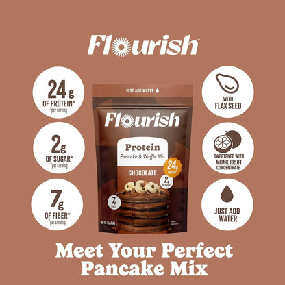 Flourish Protein Pancake & Waffle Mix, with Whey Protein & Flax Seed, No Added Sugar, High in Protein & Fiber - Just Add Water - Chocolate Flavour, 430g (3 Pack) - Made in Canada