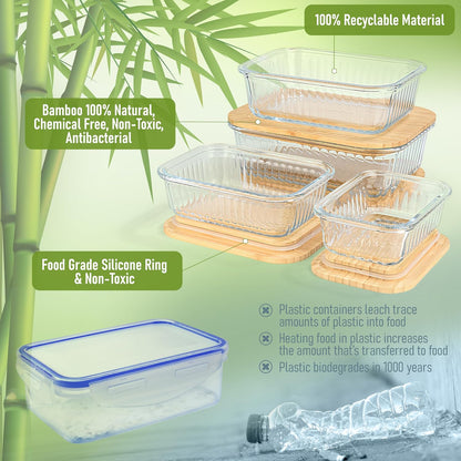 Ribbed Glass Tupperware Set with Bamboo Lids - 4 Stackable Meal Prep Containers. Durable heat resistant Inert Borosilicate Glass