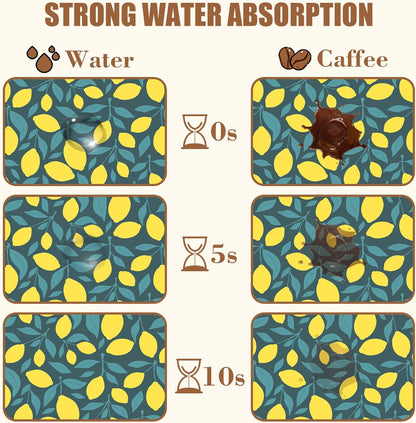 Yellow Lemon and Leaves Coffee Mat Absorbent Dish Drying Mat for Kitchen Counter Hide Stain Rubber Backed Coffee Bar Accessories Fit Under Espresso Machine Cafe Table 11.8 x 19.7 Inch