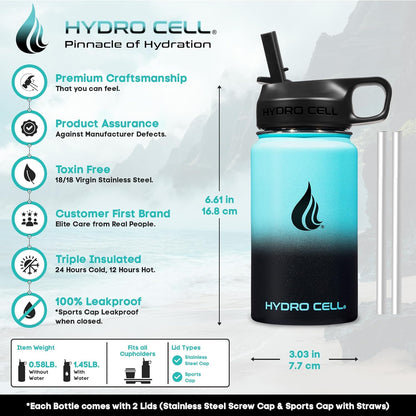 HYDRO CELL Stainless Steel Insulated Water Bottle with Straw - For Cold & Hot Drinks - Metal Vacuum Flask with Screw Cap and Modern Leakproof Sport Thermos for Adults (Teal/Black 14oz)