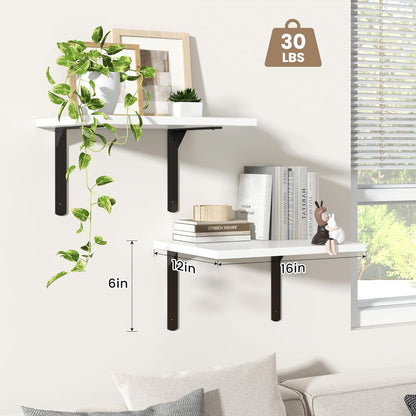 Fun Memories Floating Shelves for Wall, 12 Inch Deep Floating Shelves Set of 2, Wall Mounted Shelf with Metal Brackets, Rustic Wood Wide Shelf for Bathroom, Kitchen and Living Room, White, 16W x 12D