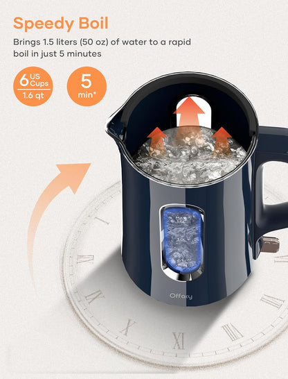 Offacy Electric Kettle, Tea Kettle Pot, Double Wall Glass Inner 1.5L/1200W, Hot Water Kettle Teapot Boiler & Heater with Automatic Shut Off, BPA-Free & LED Indicator Lights (Navy Blue)