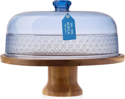 Godinger Cake Stand, Footed Cake Plate with Dome, Acacia Wood and Shaterproof Acrylic Lid, Wood Cake Stand with Dome Vintage Romantic Decor - Blue