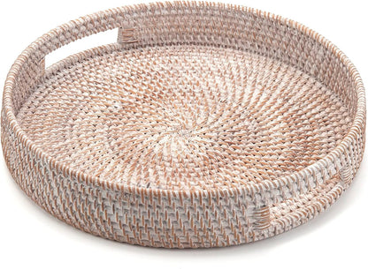 Coffee Table Tray Round Rattan Ottoman Tray Woven Serving Trays with Handles for Home and Kitchen Decorative White (Large 14 inch x 2.8 inch)