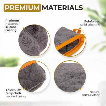 Premium Heat-Resistant Oven Mitts - Stylish and Beautiful - Non-Slip Platinum Silicone Grip - Long and Thick - 100% Natural Cotton Exterior and Soft Terry Cloth Lining - Set of 2 by Cook'n'Chic