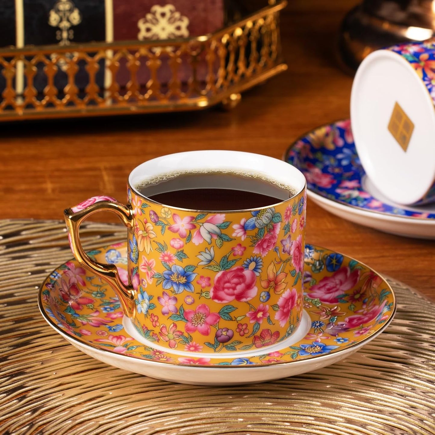 KAMMAK Tea Cups and Saucers Set of 2, Ceramic Coffee Cup with Saucer for Espresso, Cappuccino, 7oz Vintage Yellow and Blue Floral Porcelain Demitasse Mug for Home, Tea Party, Office