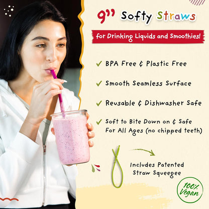 Wide Premium Reusable Silicone Drinking Straws + Patented Straw Squeegee - 9” Long With Curved Bend for 20 30 32 oz Tumblers Non Rubber, Flexible, Safe for Kids/Toddlers, Smoothie