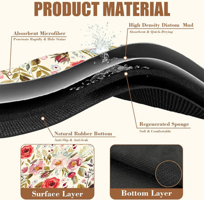 Vintage Flowers Coffee Mat Rose Berries Dish Drying Mat for Kitchen Counter Absorbent Drying Rack Pad Hide Stain Rubber Backed Coffee Bar Accessories Fit Under Espresso Machine, 15.7 x 23.6 Inch
