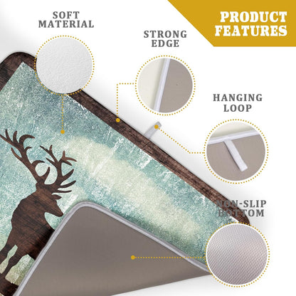 Retro Deer Forest Cabin Silhouette Dish Drying Mat Countertop 18x24 Fall Blue Sky Cloud Cartoon Elk Wild Animal Bushes Drainer Mat Pine Tree Grass Dishes Pad Rustic Moose Dish Drainer Rack