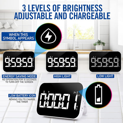 LED Timer（1.5" Number） with Voice Reminder, Digital Magnetic Timer, Countdown/Up, Rechargeabilit, Brightness Display, 3 Volume Levels and Vibration Mode, for Classroom, Study (White)