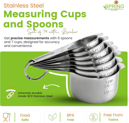 Spring Chef Stainless Steel Measuring Cups and Spoons Set of 14 with Leveler, Nesting Kitchen Metal Measuring Cups and Spoons Set for Dry and Liquid Ingredients, Perfect for Cooking & Baking