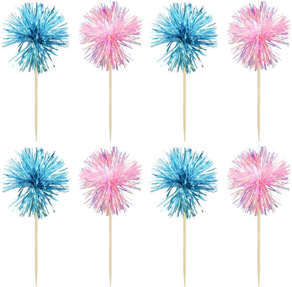 Gyufise 30Pcs Foil Firework Cupcake Toppers Sparkle Tinsel Cake Toppers Tinsel Drink Cake Decoration Cocktail Picks for Birthday Wedding Graduation Party Supplies Light Blue Pink