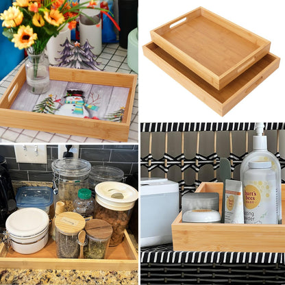 2 Pack Large Bamboo Serving Tray with Handles, 16 x 11.6 Inch and 14 x 10 inch Wooden Dinner Tray, Home Kitchen Breakfast Trays for Living Room Bedroom Kitchen Dinner Table, Picnic
