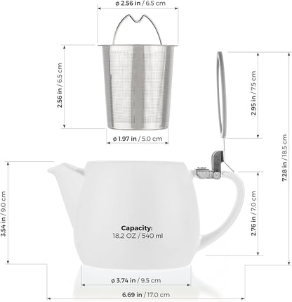 Tealyra - Pluto Porcelain Small Teapot White - 18.2-ounce (1-2 cups) - Matte Finish - Stainless Steel Lid and Extra-Fine Infuser To Brew Loose Leaf Tea - 540ml