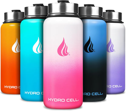 HYDRO CELL Stainless Steel Insulated Water Bottle with Straw - For Cold & Hot Drinks - Metal Vacuum Flask with Screw Cap and Modern Leakproof Sport Thermos for Adults (White/Pink 32oz)