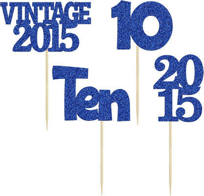 Gyufise 24Pcs 10th Birthday Cupcake Toppers Glitter Ten Vintage 2015 Double Digits 10 Cupcake Picks Birthday Cake Decorations for Happy 10th Birthday Anniversary Party Supplies Deep Blue