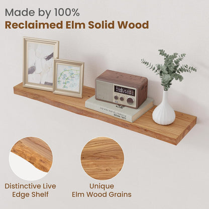 Floating Shelves for Wall Decor, Rustic Solid Elm Wood Live Edge Floating Shelves Wall Mounted, Wall Shelves with Invisible Bracket for Living Room Bathroom Bedroom Kitchen, 32 Inch Set of 2, Natural