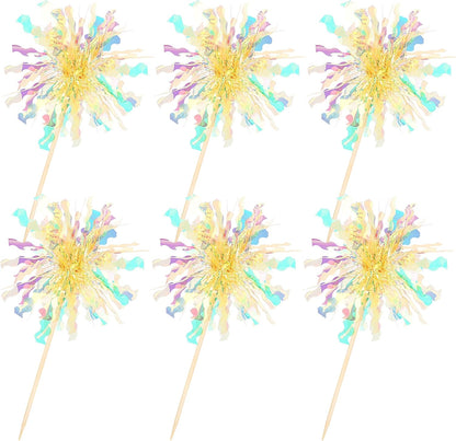 30 PCS Foil Firework Cupcake Toppers Sparkle Tinsel Cupcake Picks Happy Birthday Cake Decorations Drink Stirrers Cocktail Food Fruit Toothpicks for Baby Shower Graduation Party Supplies Yellow