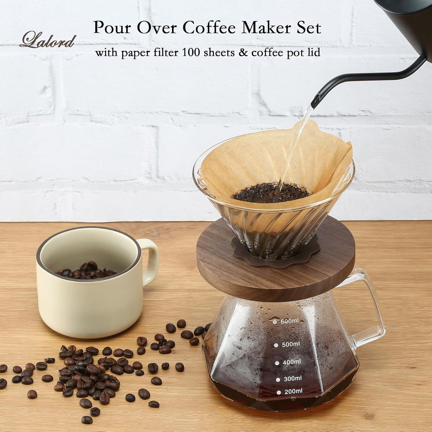 Pour Over Coffee Maker, 20 oz Borosilicate Glass Carafe with 100 pcs V60 Paper Filter by Gsform, Walnut Handle & Glass Lid, Drip Coffee Maker for Home Café Restaurant Camping, 600 ml, Clear