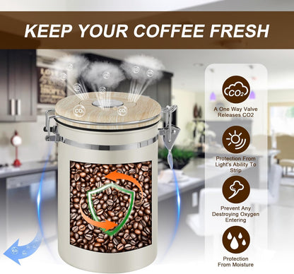 1800ML Airtight Coffee Canister with Date Tracker&Transparent Window, 22.8OZ Coffe Beans Storage with 30ML Measure Spoon&4 co2 Valve, Coffee Container for Grounds Coffee, Beans, Tea, Sugar(Beige)