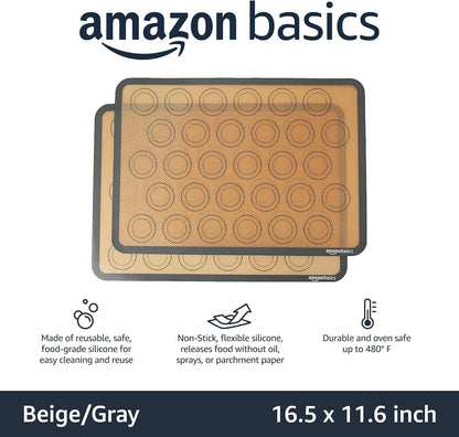 Amazon Basics Silicone Baking Mat for Macarons, Non-Stick, Food Safe, 16.5" x 11.6", Beige/Gray, Pack of 2