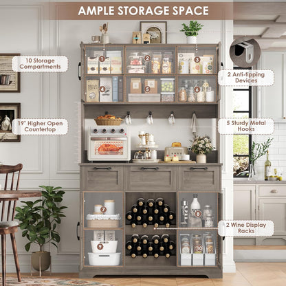 HIFIT 72" Kitchen Pantry Hutch Cabinet with Storage, Farmhouse Wood Coffee Bar with Wine Rack and Microwave Stand, Tall Storage Cabinet with Barn Doors and Shelves for Dining Living Room, Ash Grey