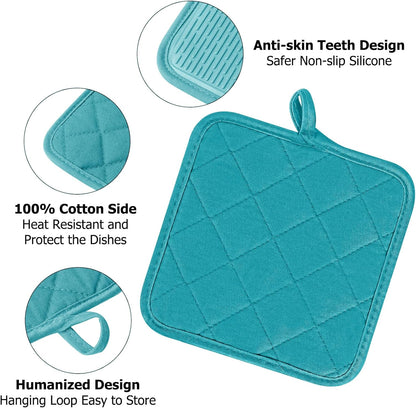 Oven Mitts and Pot Holders Set, Pack of 4, Heat Resistant Silicone Kitchen Mini Oven Mittens for 500 Degrees, Mini Oven Gloves and Hot Pads for Baking Grilling Barbecue Microwave Machine Washable