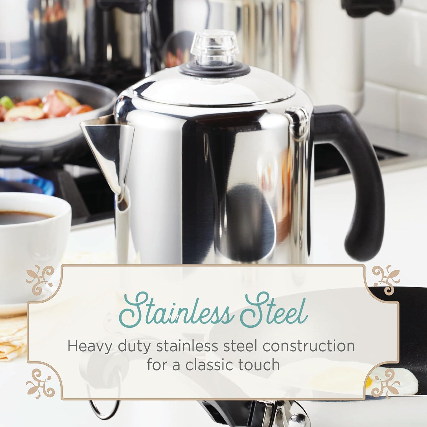 Farberware Classic Stainless Steel Coffee Percolator, 12 Cup, Silver with Glass Blue Knob, 7.28"D x 8.86"W x 10.83"H