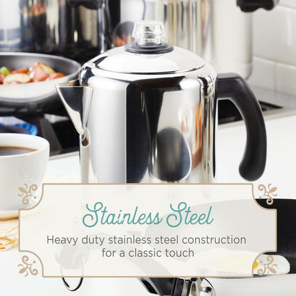 Farberware Classic Stainless Steel Coffee Percolator, 12 Cup, Silver with Glass Blue Knob, 7.28"D x 8.86"W x 10.83"H