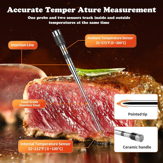 Wireless Meat Thermometer-Multi Sensors Digital Food Thermometer with Ultra-Thin Probe, Accuracy Smart Bluetooth Meat Thermometer for Steak, BBQ, Oven, Grill, Smoker,Recipes in App & Host