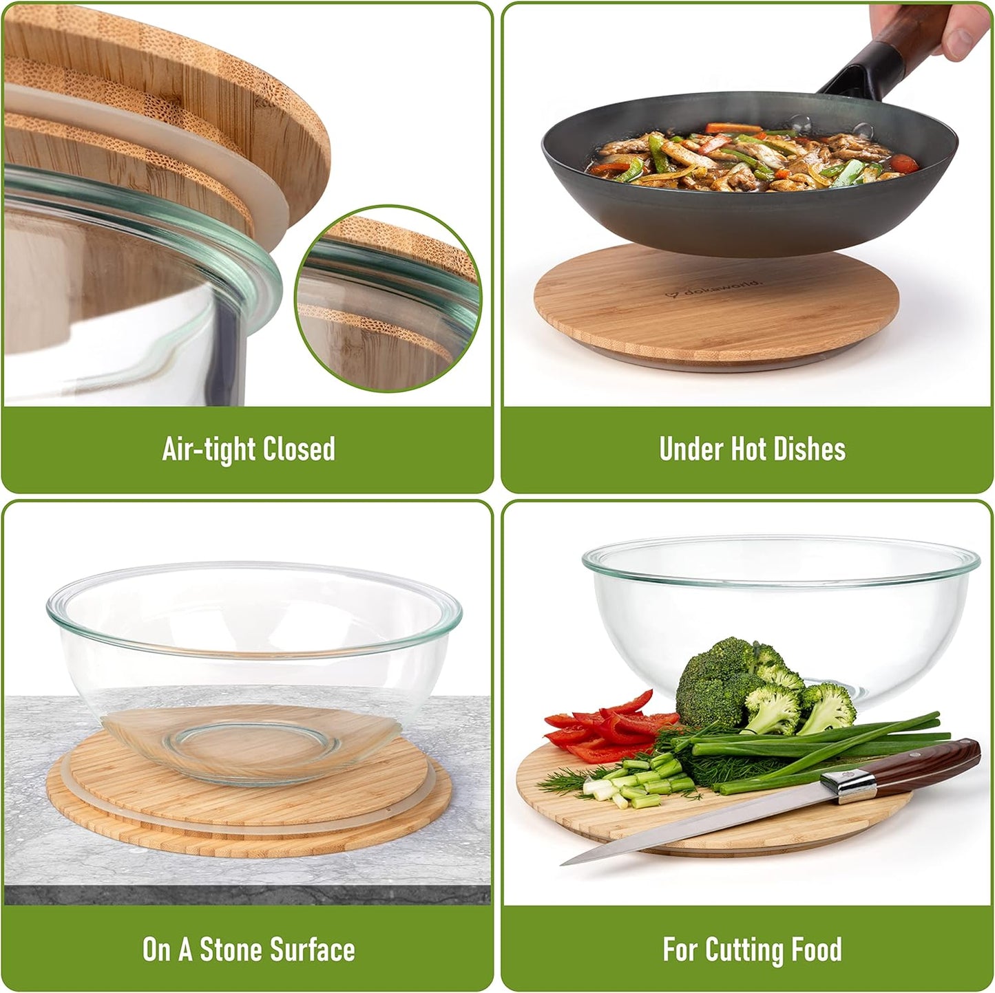 Stackable Space-Saving Set of 5 Nesting Glass Bowls with Bamboo Lids for Foodprep, Storage, Baking, Mixing & Cooking, Microwave & Oven Safe BPA Free Heat Resistant Inert Borosilicate Glass