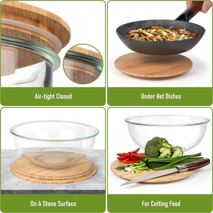 Stackable Space-Saving Set of 5 Nesting Glass Bowls with Bamboo Lids for Foodprep, Storage, Baking, Mixing & Cooking, Microwave & Oven Safe BPA Free Heat Resistant Inert Borosilicate Glass