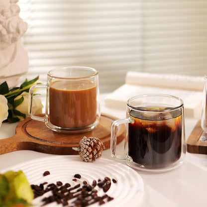 CNGLASS 15oz Double Walled Glass Coffee Mugs,Large Insulated Glass Mugs with Handle,Clear Coffee Cups for Espresso,Latte,Cappuccino,Tea,Set of 2