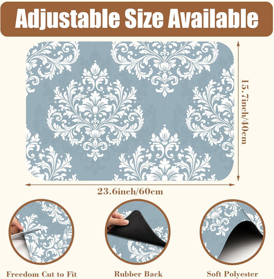 Dish Drying Mat Blue Damask Floral Coffee Bar Mat for Countertop - Absorbent, Rubber Backed, Hide Stain Dish Drainer Rack - Coffee Maker Pot Dining Room Decoration 15.7 x 23.6 Inch