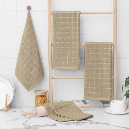 Homaxy 100% Cotton Terry Kitchen Towels(Tan, 13 x 28 inches), Checkered Designed, Soft and Super Absorbent Dish Towels, 12 Pack