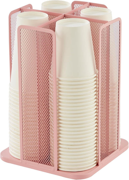 Annova Paper/Plastic Cup and Lid Holder Plastic Storage Organizer, 360°Rotating Coffee Mup Dispenser with 4 Compartments, Multifunctional Storage Rack for Home, Office, Bar, Coffee Shop (Light PInk)