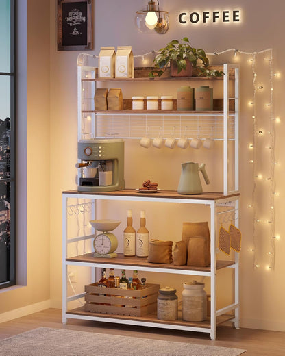 VASAGLE Hutch Bakers Rack with Power Outlet, 14 Hooks Microwave Stand, Adjustable Coffee Bar with Metal Wire Panel, Kitchen Storage Shelf, 15.7 x 39.4 x 66.9 Inches, Rustic Walnut and White UKKS038W41