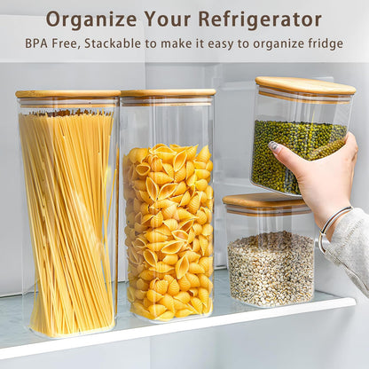 Square Storage Containers with Airtight Lids, Clear Food Storage Container Jar with Sealing Bamboo Lid for Noodles Flour Cereal Rice Sugar Tea Coffee Beans