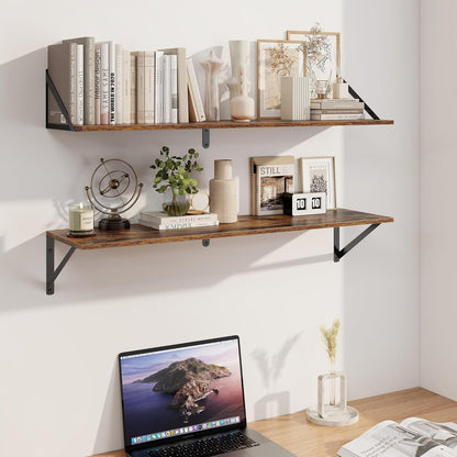Heimlove Deep Floating Shelves for Wall, 36W x 8D Wood Wall Shelves Set of 2, Wide Floating Bookshelf for Living Room, Kitchen, Office, Bedroom and Decor Storage, with Metal Bracket - Rustic Brown