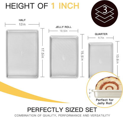 HONGBAKE Baking Sheet Pan Set, Cookie Sheets for Oven, Nonstick Half/Quarter/Jelly Roll Pans with Diamond Texture Pattern, Heavy Duty Cookie Tray, Silver