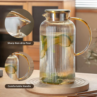 Glass Pitcher with Lid, 68 oz/ 2 Liter Amber Classic Vertical Stripes Water Pitcher,Glass Water Carafe for Cold Brew, Coffee, Lemonade, Iced Tea,Beverage, Heat Resistant Water Glass Jug